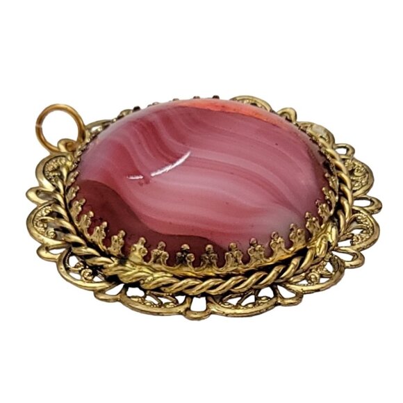 West Germany Gold Tone Filigree Pink Givre Pendant, Signed K226 - Picture 4 of 8